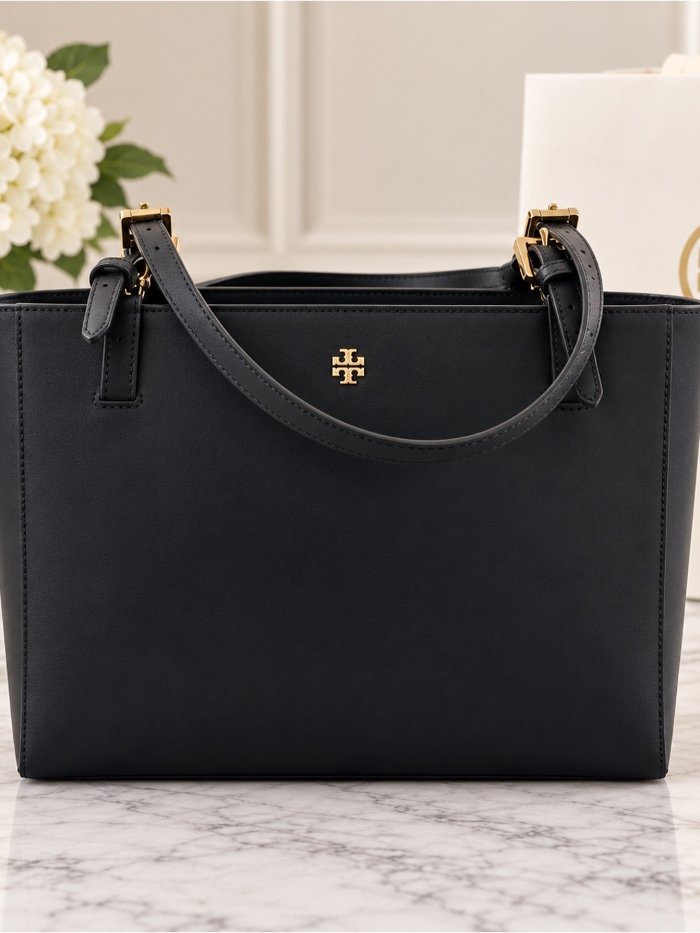 Tory Burch Navy Leather Tote with Gold Logo